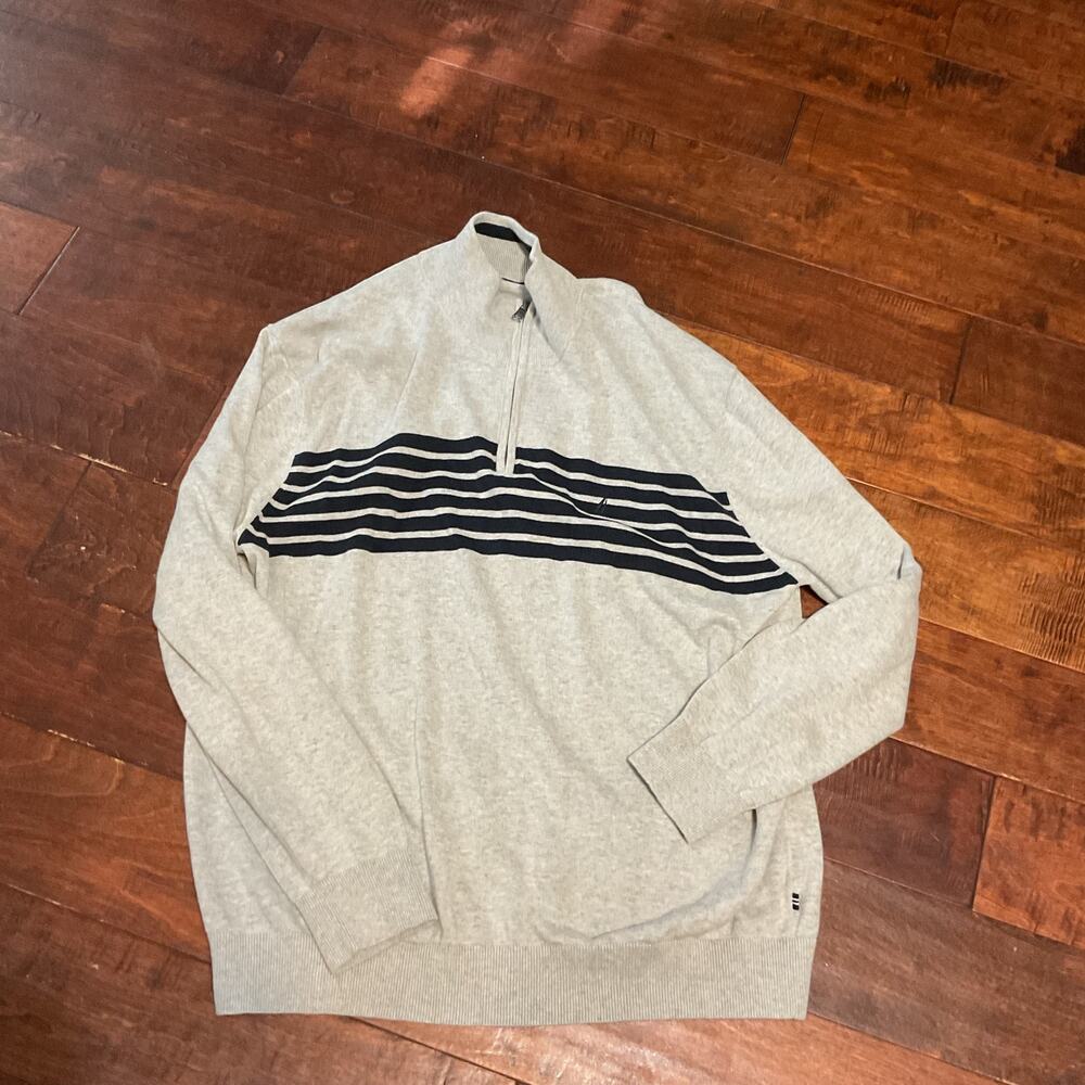 Nautica Men's Gray Qtr Zip Pullover w/ Blue Stripes - Sz XXL